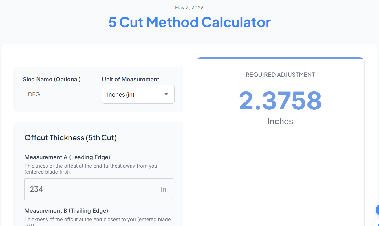 5 Cut Method Calculator | Crosscut Sled Fence Adjustment Tool